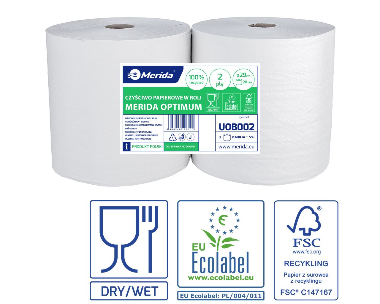 MERIDA OPTIMUM - industrial towels, white, 2-ply, recycled paper, 400 m (2 pcs. / pack.), 29 cm